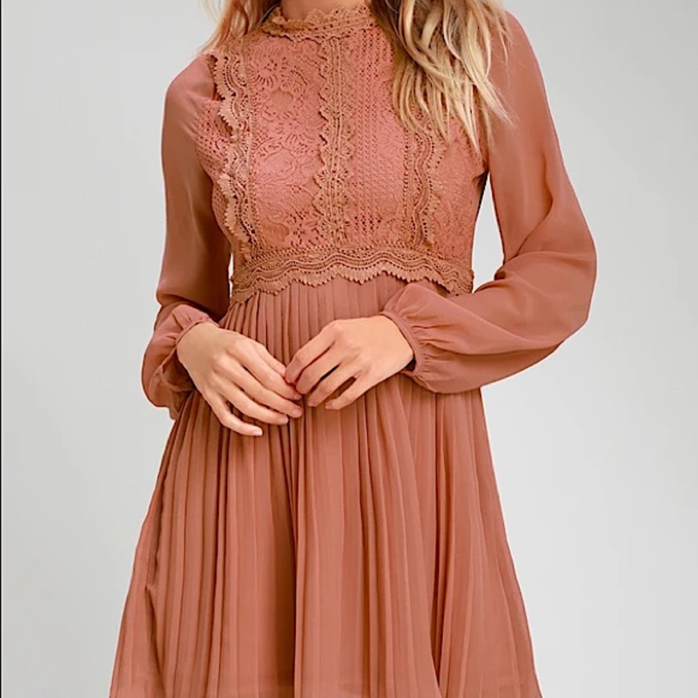 Lulus Charlisa Rusty Rose Lace Skater Dress XS
